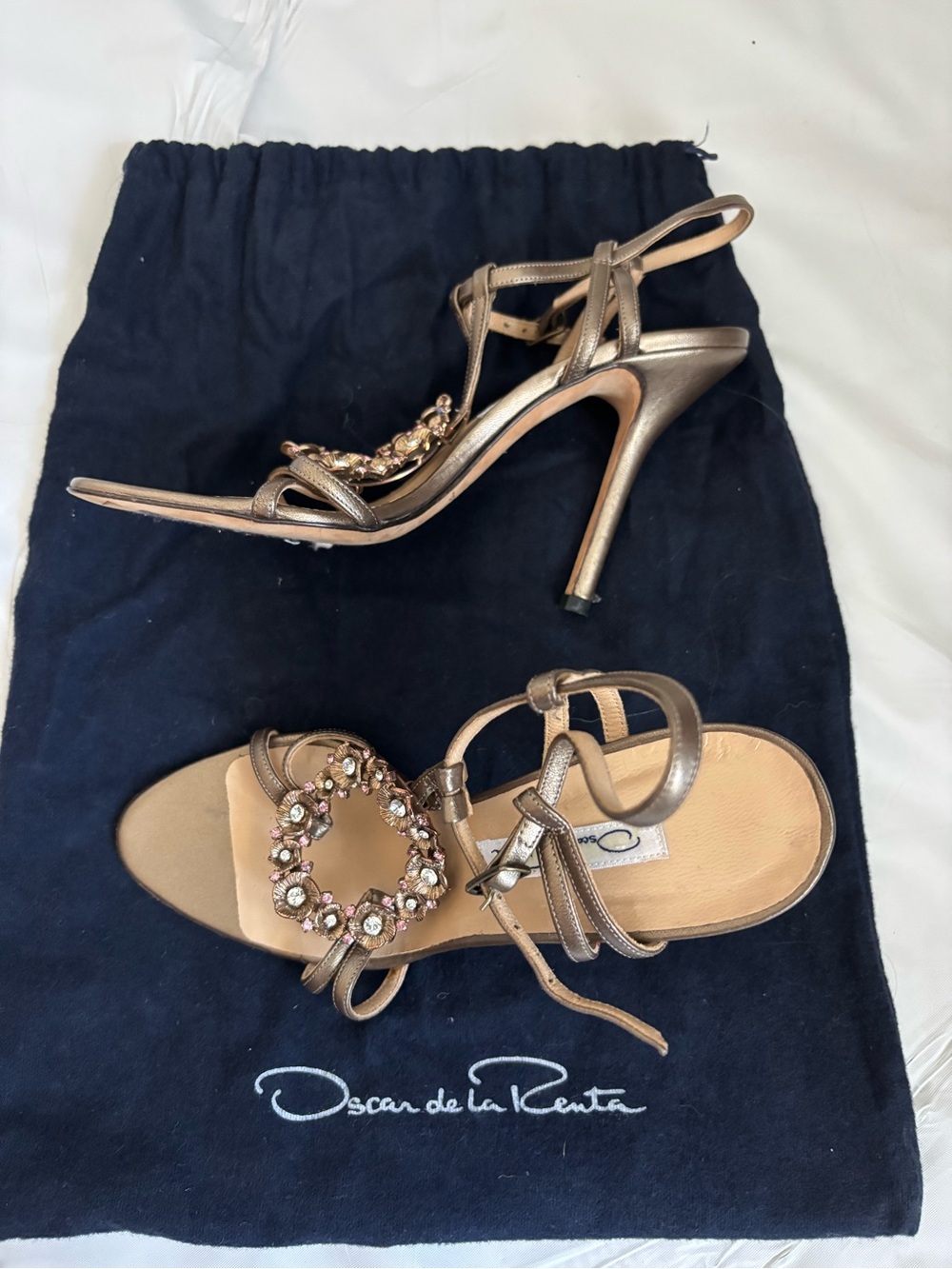 Oscar de la Renta Metallic Bronze Jeweled Strappy High Heel Sandals